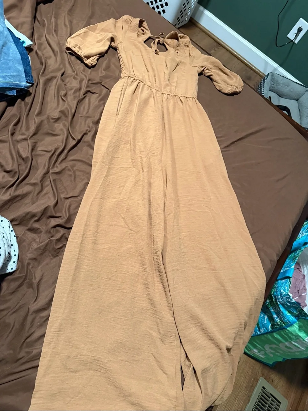 Pink Lily Camel Tan Smocked Wide Leg Jumpsuit XS